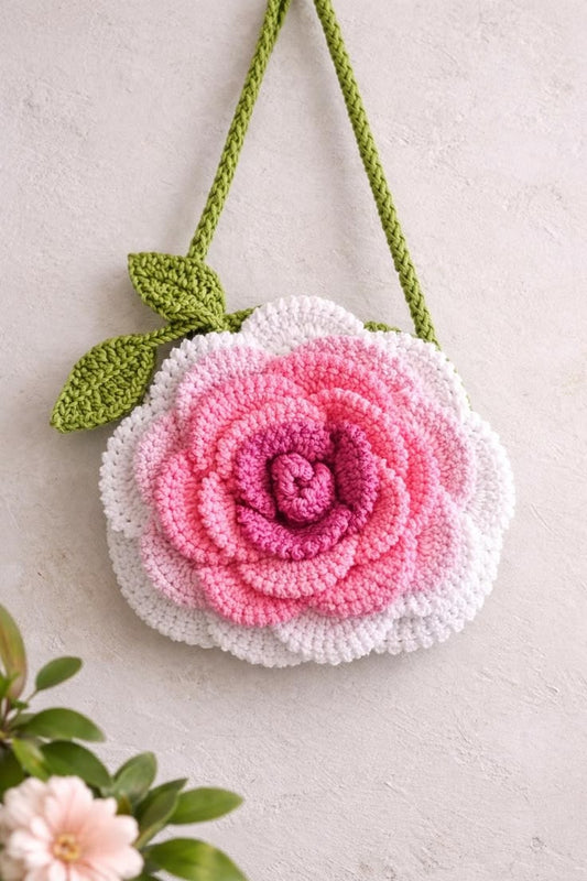 Handmade Crochet 3D Rose Flower Sling Bag